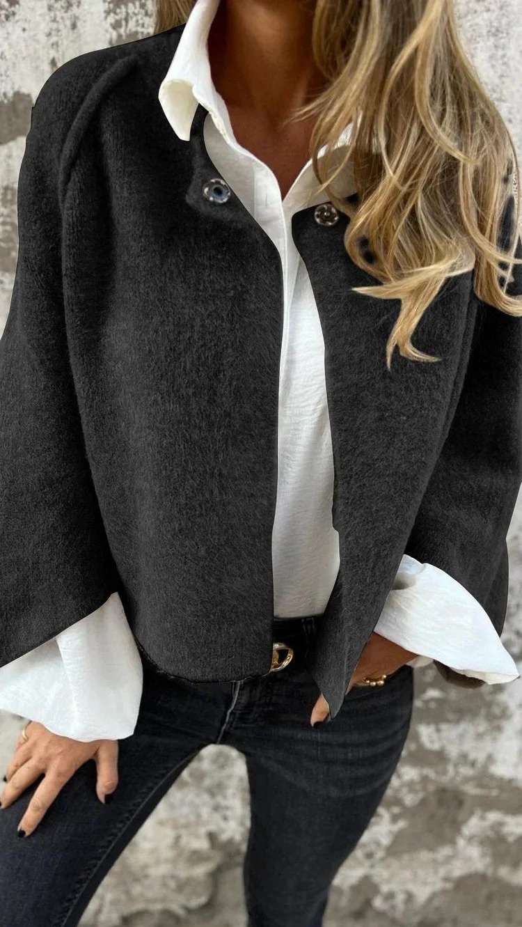 Women's Casual Crew Neck Open Front Woolen Solid Jacket