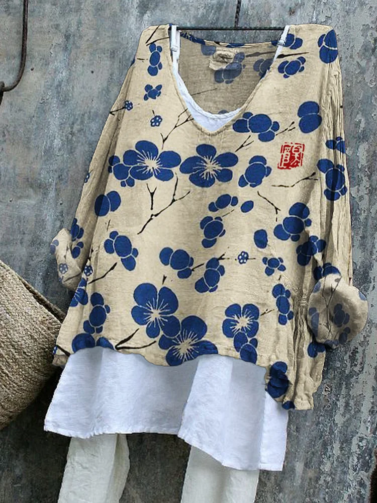 Cherry Blossom Japanese Lino Art Flowy Tunic