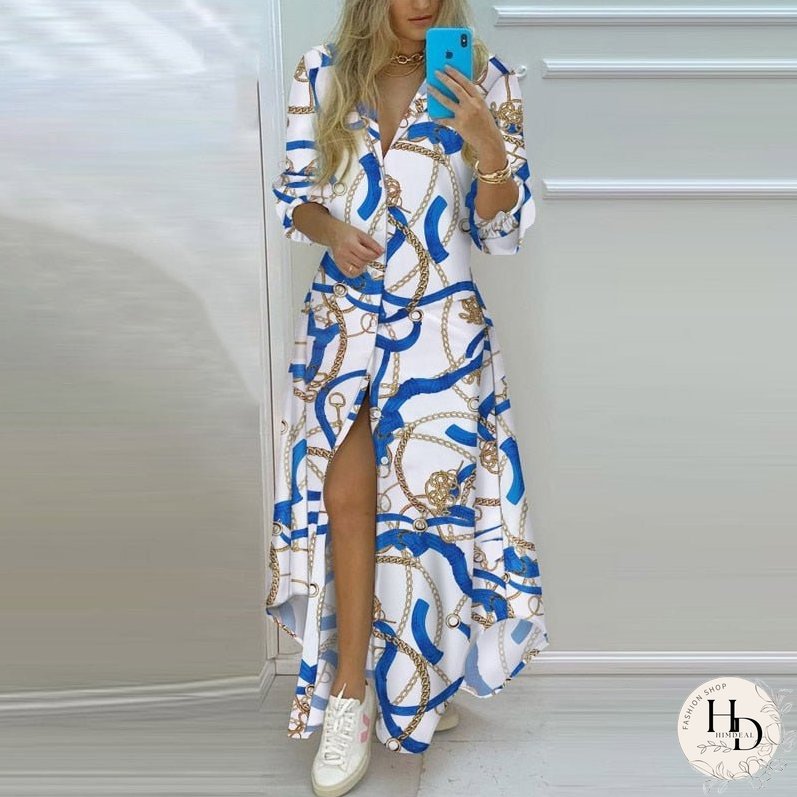 New Spring Summer Striped Split Maxi Dress Casual Turn-Down Collar Button Shirt Long Dress Women Elegant Long Sleeve Party Dress