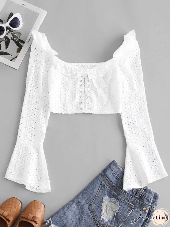 Broderie Anglaise Lace Up Ruffle Milkmaid Crop Blouse for Women