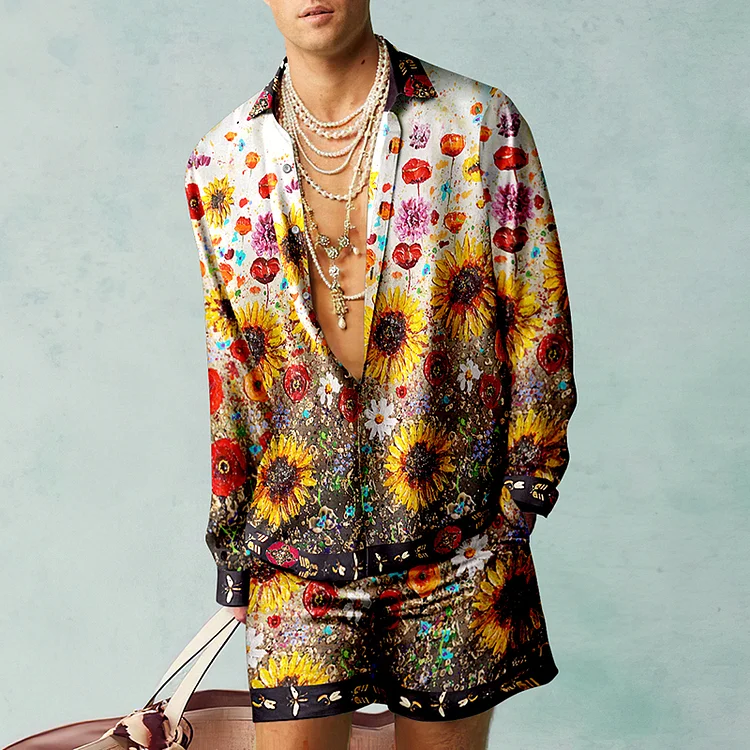 BrosWear Sunflower Flowers Art Holiday Print  Shirt And Shorts Co-Ord