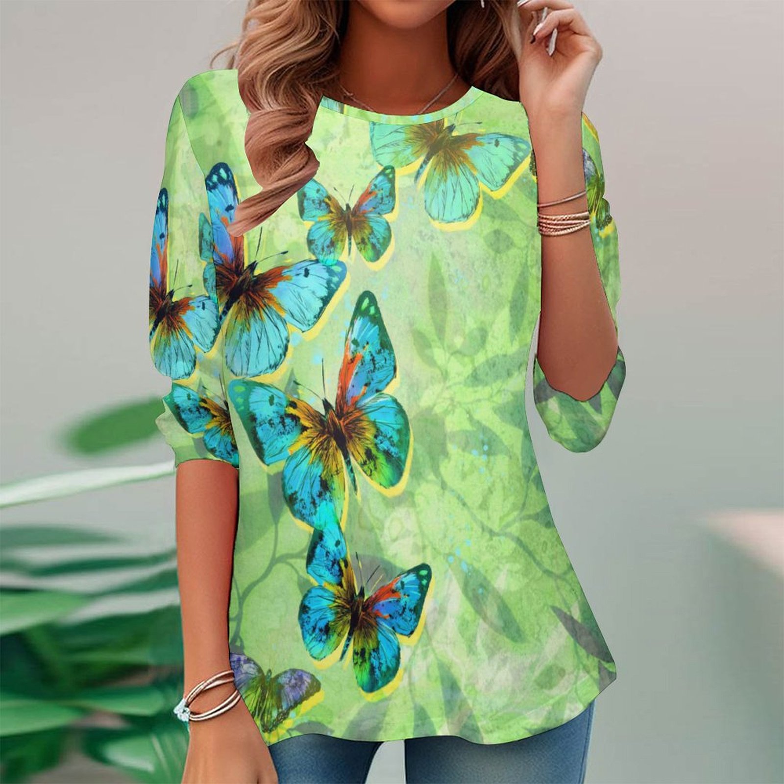 Women Long Sleeve V-neck Graphic Floral Printed Top