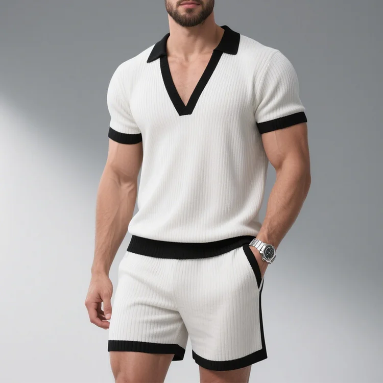 Okaywear Knitted Contrast Trim V Neck Shirt & Shorts 2Pcs Set 
