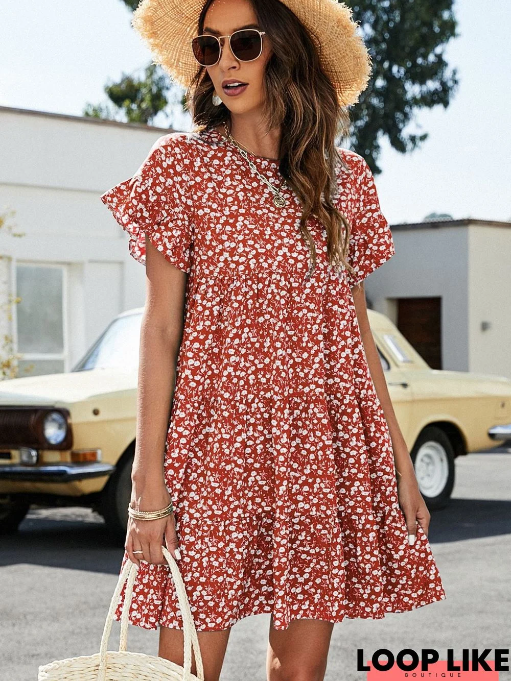 Floral Round Neck Casual Loose Dress