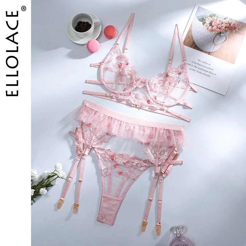 Ellolace Erotic Lingerie Sexy Lace Sensual Underwear Set Floral Transparent Brief Sets 3 Piece Push Up Underwire Bra and Panty