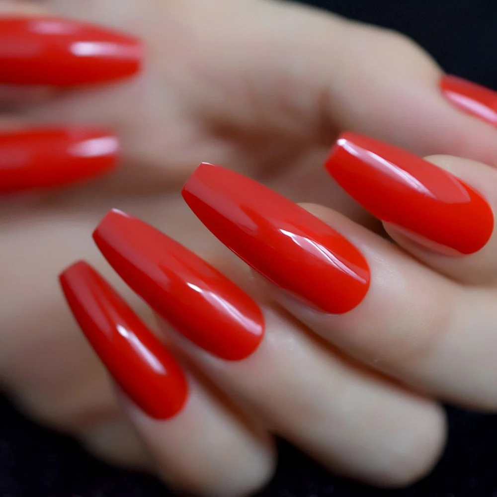 Chinese Red Long Coffin Nails Sexy Glossy Extreme Press On Fake Nails Gorgeous Manicure Fingernail Tips with Gluetabs