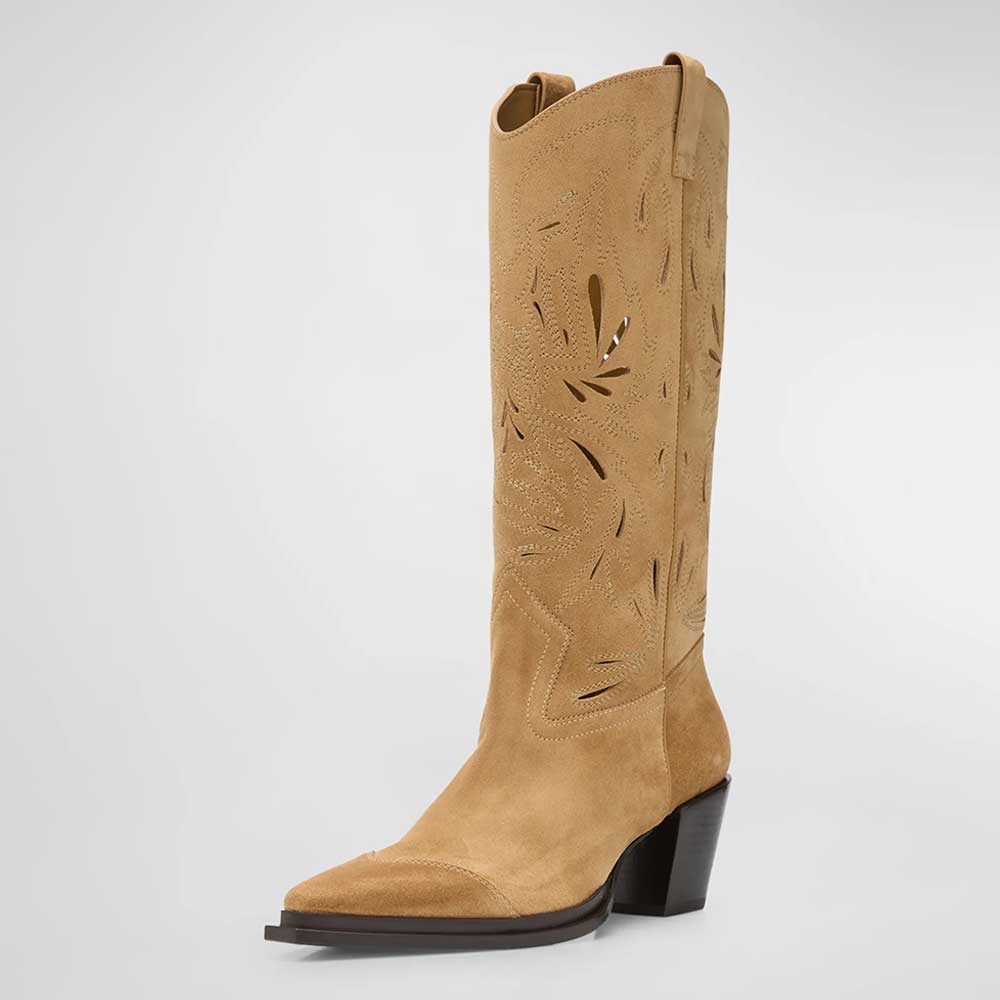 Brown Vegan Suede Snip Toe Cut-Out Heeled Knee High Cowgirl Boots