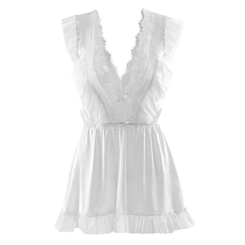 Kawaii Lingerie Young Women Summer Ice Silk Nightdress 2021 New Lace Seductive Sexy Nightgown Suspender Nightgowns