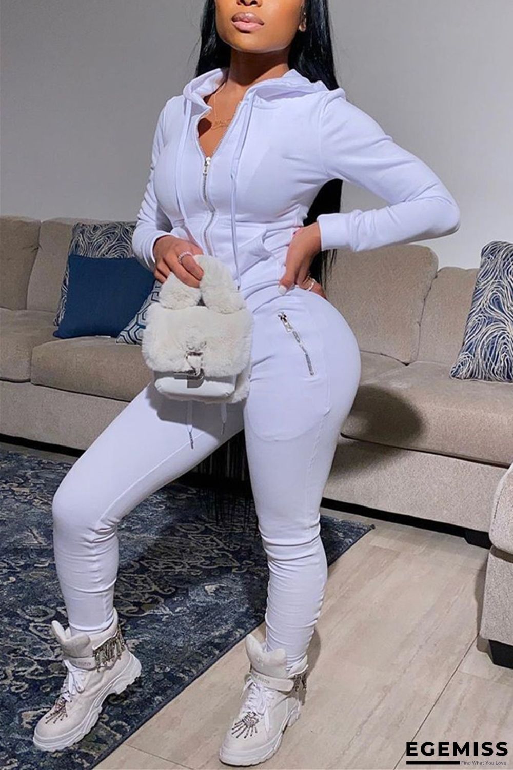 White Fashion Casual Long Sleeve Hooded Collar Regular Sleeve Regular Solid Two Pieces | EGEMISS