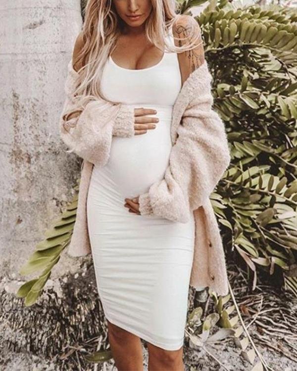 Maternity Casual Sundress Bodycon White Sleeveless Dress - Chicaggo