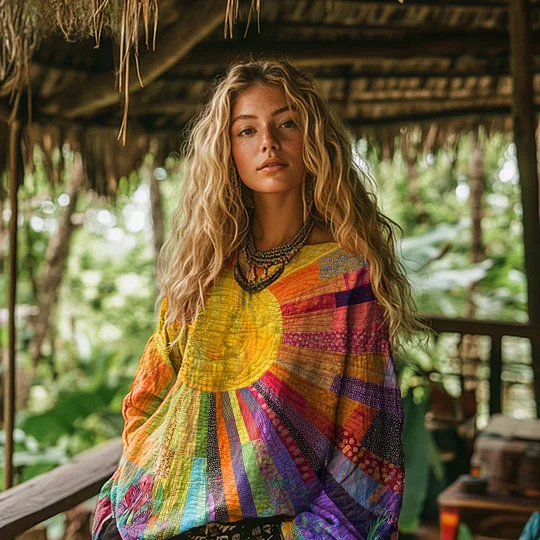 Vintage Bohemian Art Colorful Sun Print Cotton and Linen Blend Loose Top