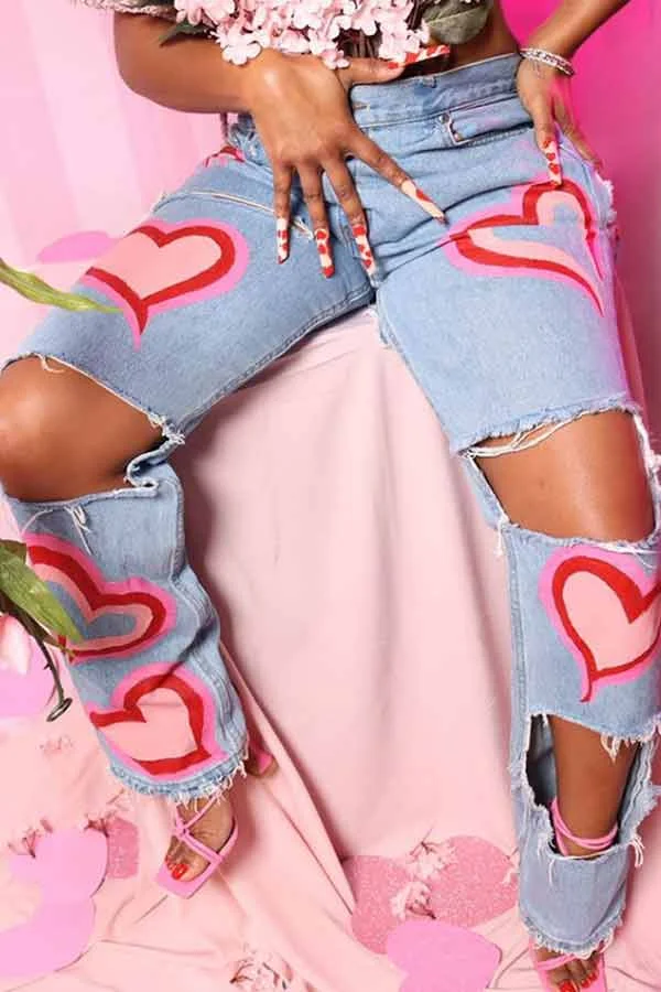 Fashion Heart Pattern Ripped Jeans