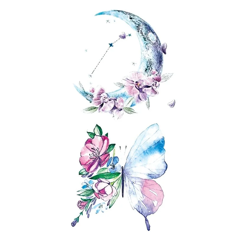 Small Waterproof Temporary Tattoo Sticker Colorful Feather Flower Leaves Planet Moon Women Body Art Wrist Neck Fake Tattoos Men