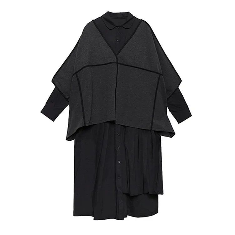 Modern Solid Color Long Sleeve Stitching Pleated Shirt Dress & V-neck Batwing Sleeve Cardigan Set 
