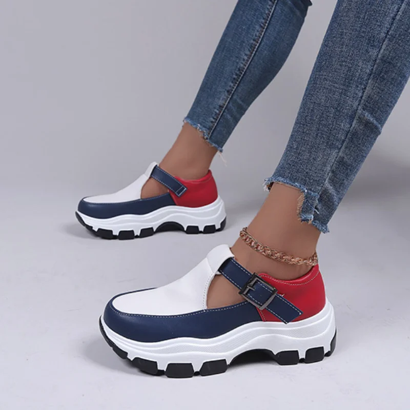 Qengg New Women Casual Shoes Fashion Colorblock Buckle Platform Wedge Loafers Comfort Heightening Vulcanized Shoes Zapatos Mujer 2022