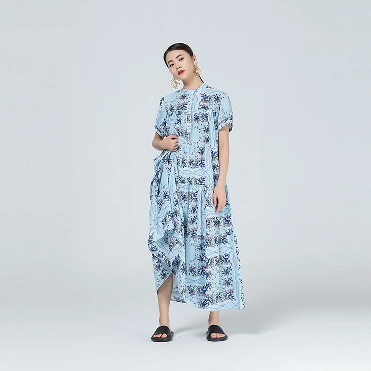 Elegant Half Stand Collar Floral Printed Short Sleeve Chiffon Dress