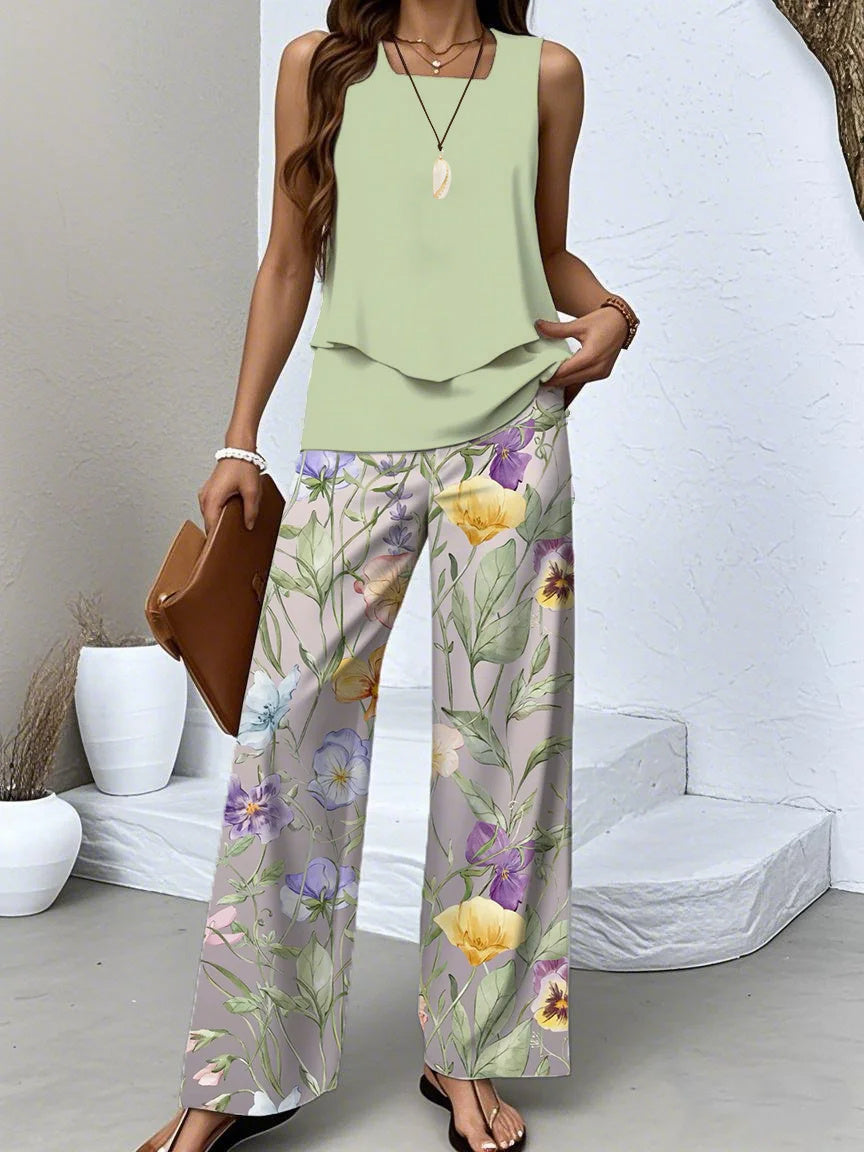 Women's Sleeveless Square Collar Floral Printed Casual Set
