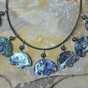 pornhint Pornhint Zuni Fetish style Large Abalone Pua Shell Bear Pendant on Leather Cord, Beaded w/Sterling Silver & Hematite (4 beauties to choose from)