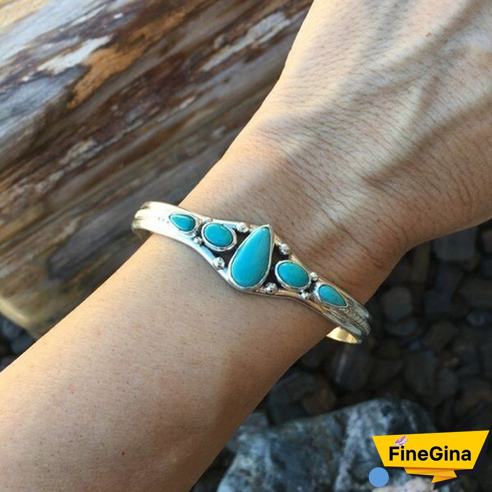 Women Vintage Jewelry 925 Soild Sterling Silver Natural Gemstone Turquoise Bracelet Adjustable Wedding Engagement Jewelry