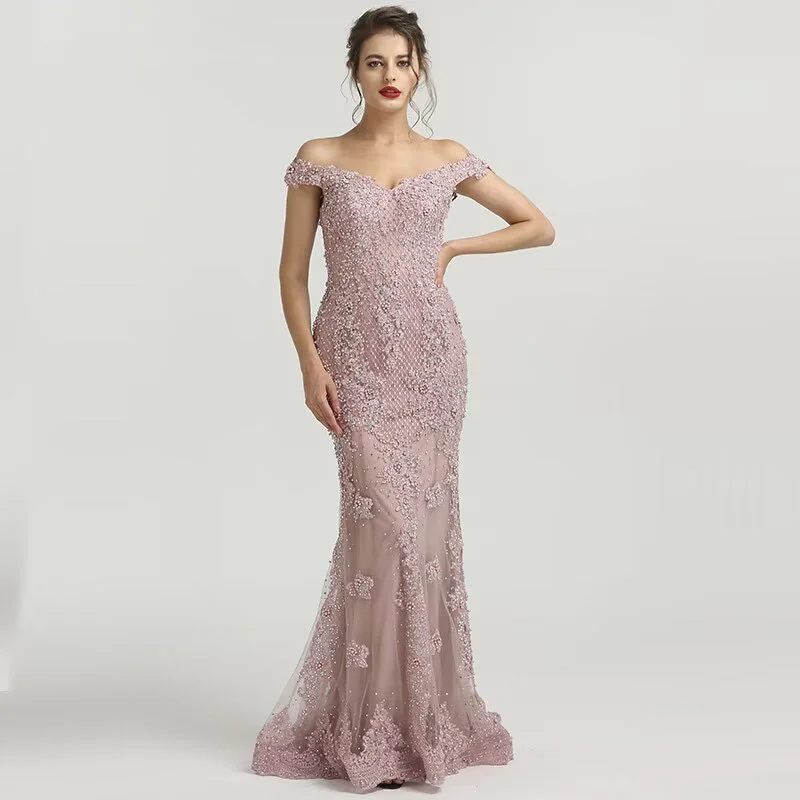 Okdais Elegant Dusty Pink Sequin Appliques Prom Dress Mermaid V Neck With Beaads LM0036