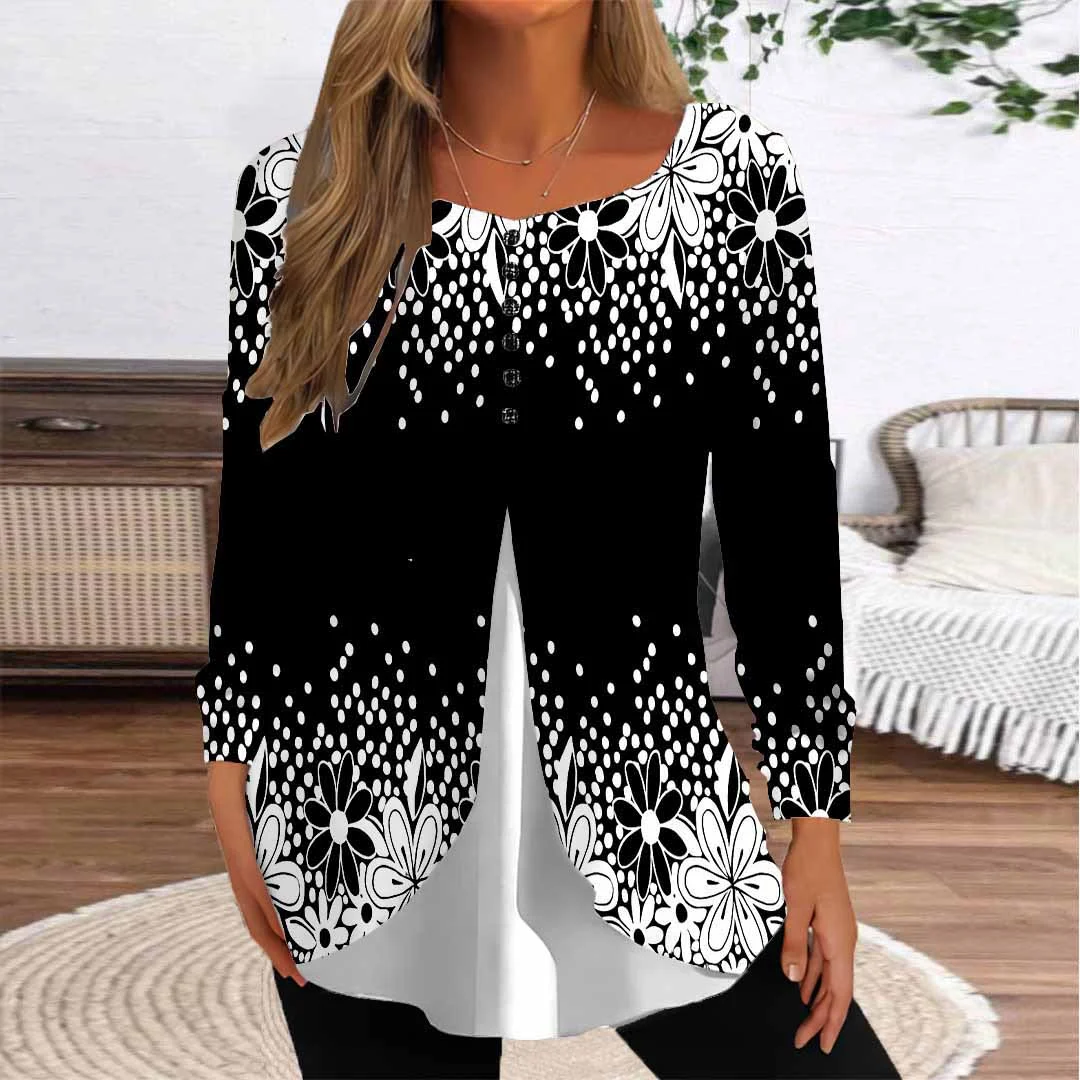 Women Floral,Black DZGG8356 Long Sleeve Scoop Neck Printed Graphic Button Fake 2in1 Tops