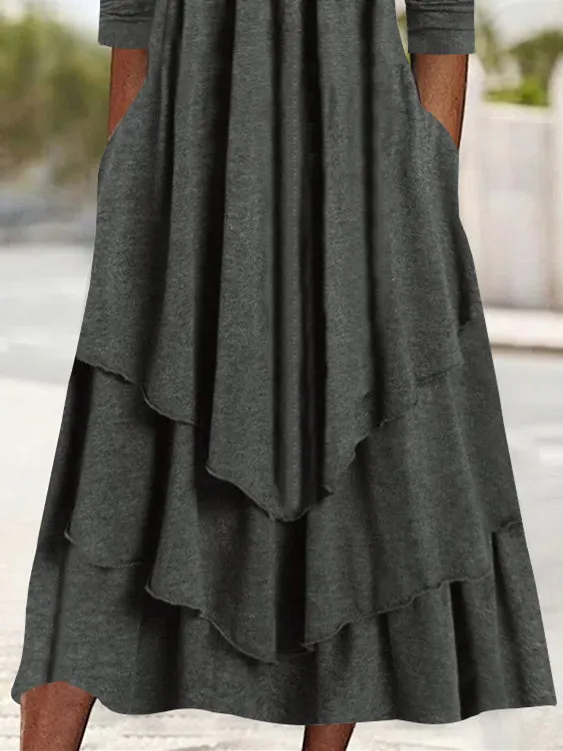 Women's Plain Regular Fit Crew Neck Pockets Casual Midi Dress
