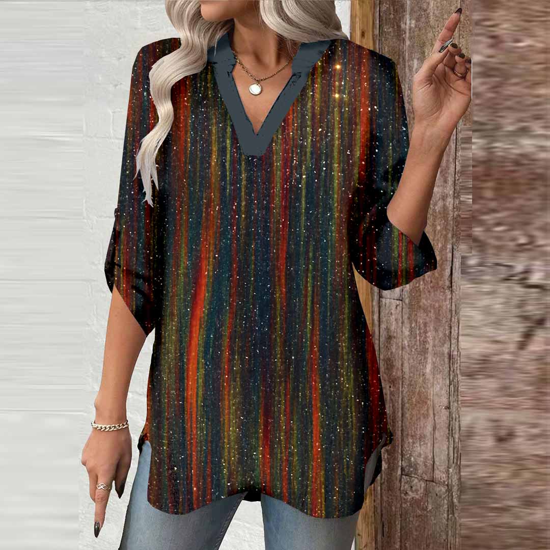 Women Glitter,Striped,Black DZGA0030 3/4 Sleeve V-neck Printed Graphic Button Tops