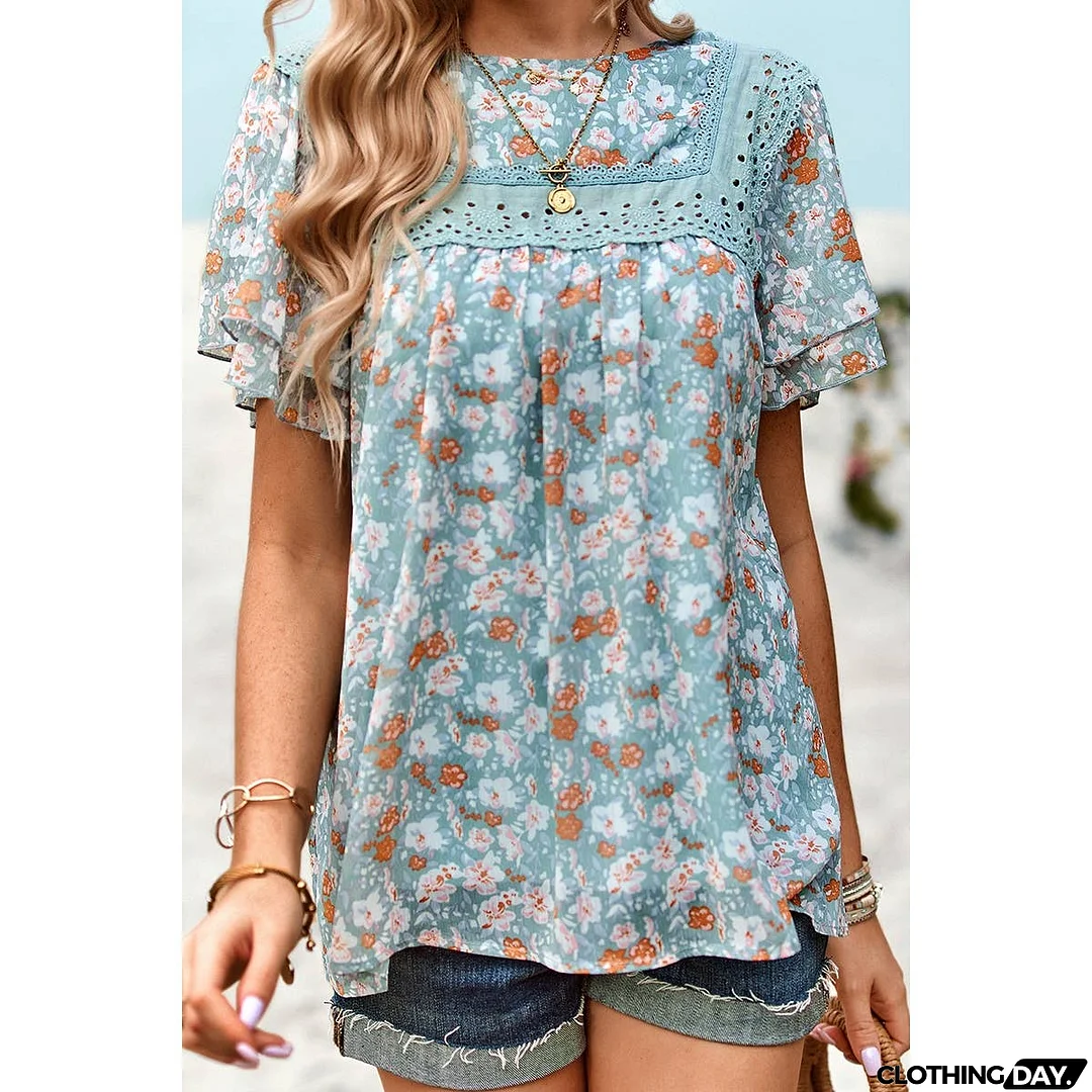 Floral Lace Round Neck Ruffle Loose Fit Top