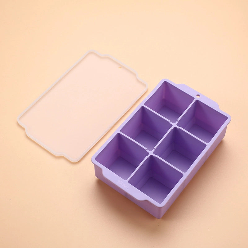 Silicone Large Ice Cube Mold Household Quick Frozen Ice Box Large Size With Lid 6 Holes Square Ice Cube Mold