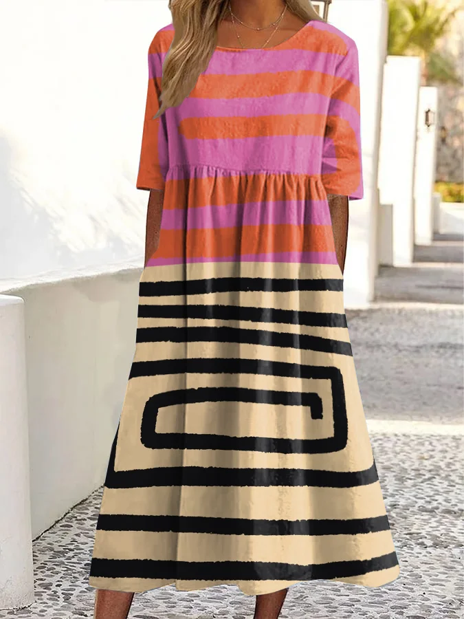 Vintage Abstract Art Print Round Neck Pocket Midi Dress