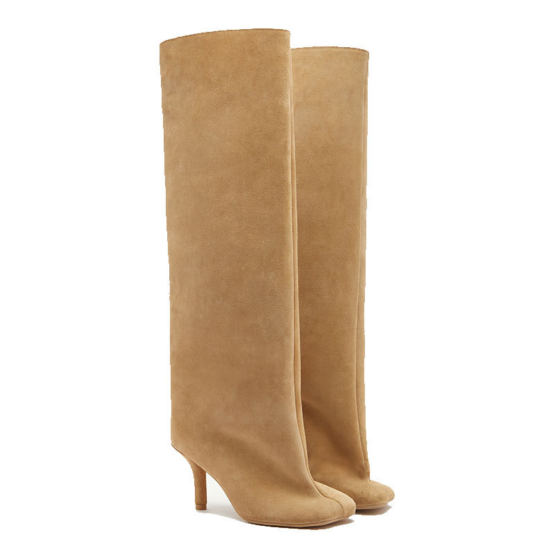 80mm Women's Suede Boots Square Toe Stiletto Heel  Knee Boots-MERUMOTE