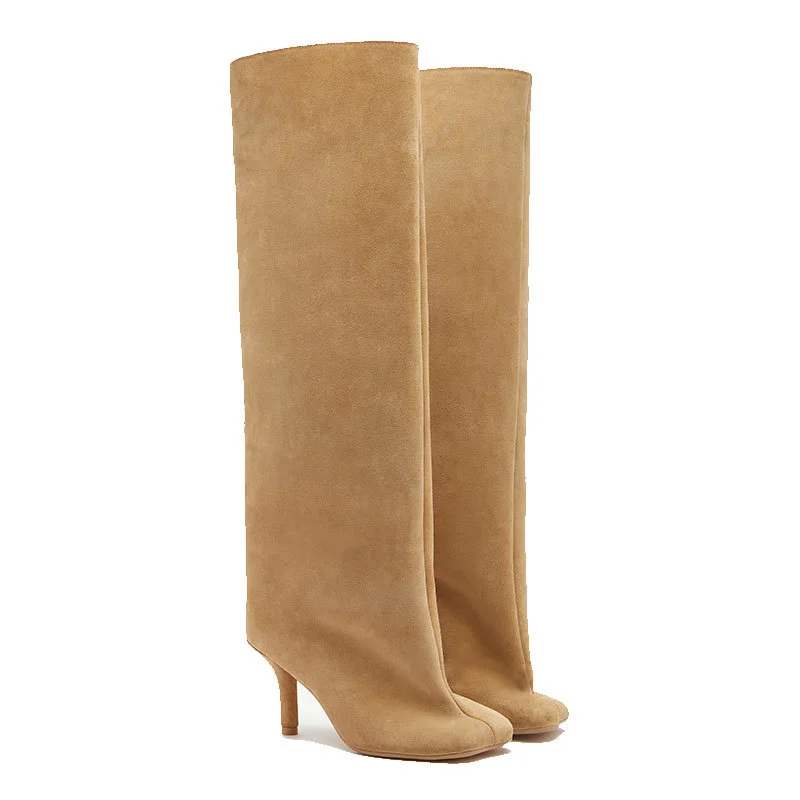 80mm Women's Suede Boots Square Toe Stiletto Heel  Knee Boots-MERUMOTE