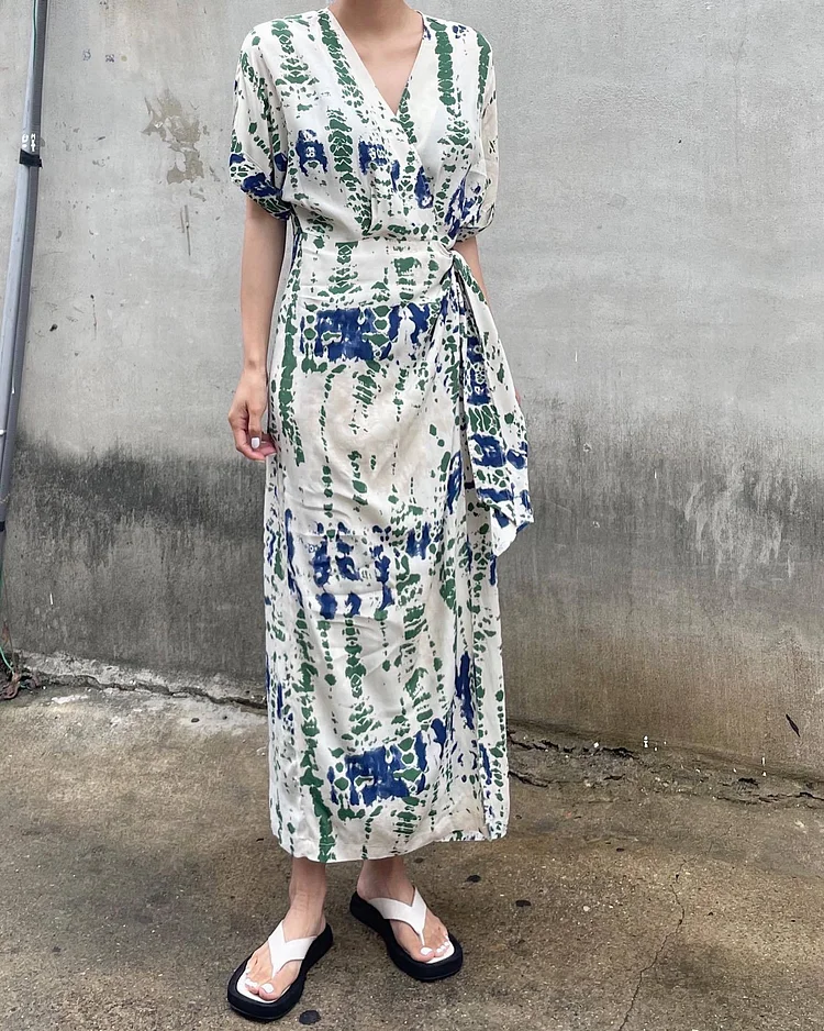 Retro Lace-up Gathering Waist Short Sleeve Maxi Dress - yankia