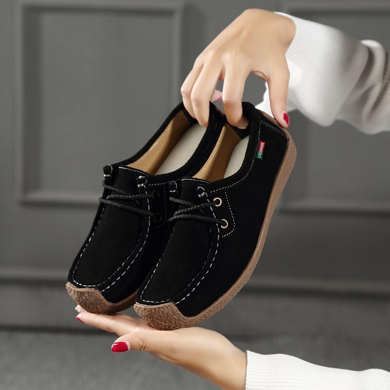 Suede Leather Women's Casual Shoes Lace Up Flats Sneakers Luxury Brand Ladies Moccasins Designer Loafers Women Chaussures Femme