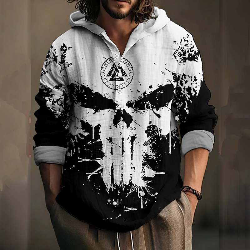 Vintage Viking Skull Contrast Color Art Men's Linen Hooded Shirt / Rvogue / Rvogue