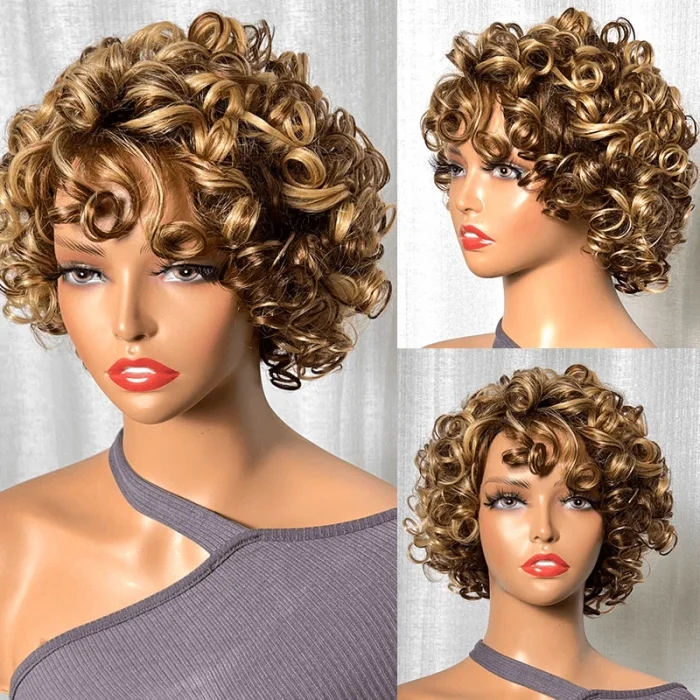 Big Fluffy Brown Mixed Blonde Human Hair HD Lace Bob Curly Wig  | Glueless Wigs | 100% Real Natural Human Hair Wigs | Short Wig