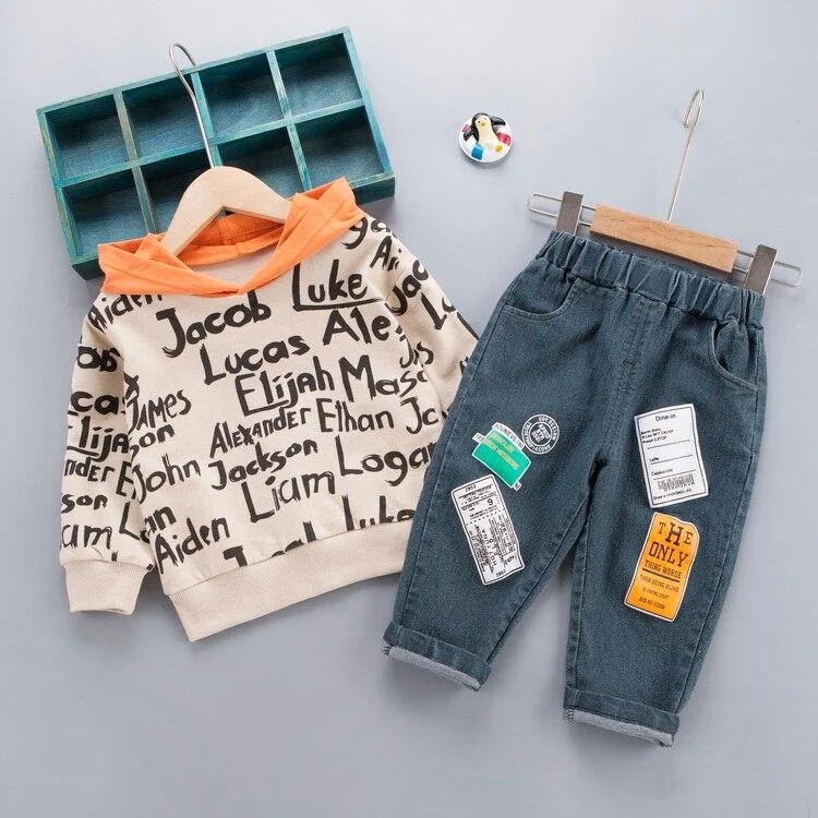 Letter Hoodie with Jeans 2 Pieces Boys Clothes Toddler Kids Clothing 2021 New Arrive Casual Children Outwear 4 Years Personality