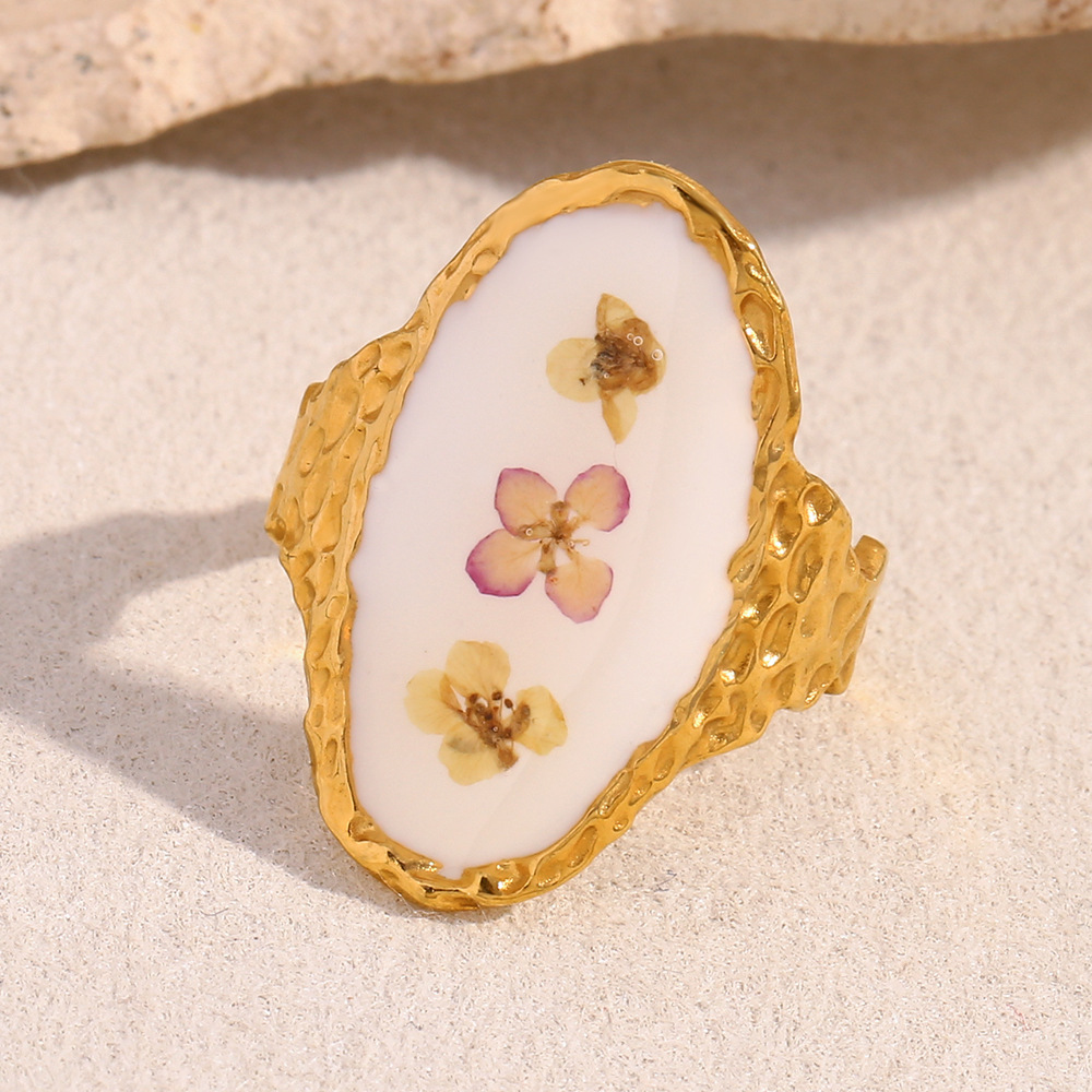 Small French All-Match Stainless Steel 18K Gold Plated Three Dried Flowers Open Ring For Women