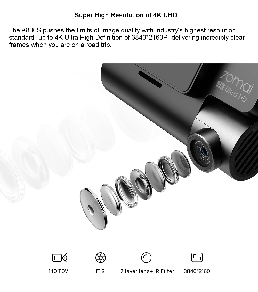70mai A800S 4K Car DVR Camera Dash Cam Built-in GPS ADAS UHD Cinema-quality Image 24H Parking Monitior Front Rear Cam SONY IMX415 140FOV