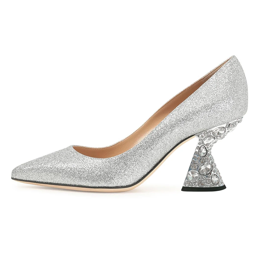 Silver Glittery Pumps with Colorful Rhinestone Embellished Heels 