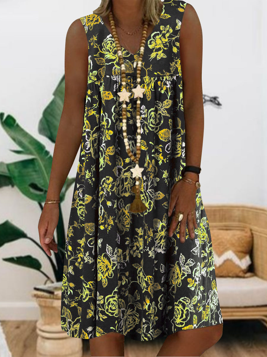 Women's Sleeveless V-neck Graphic Floral Printed Midi Dress