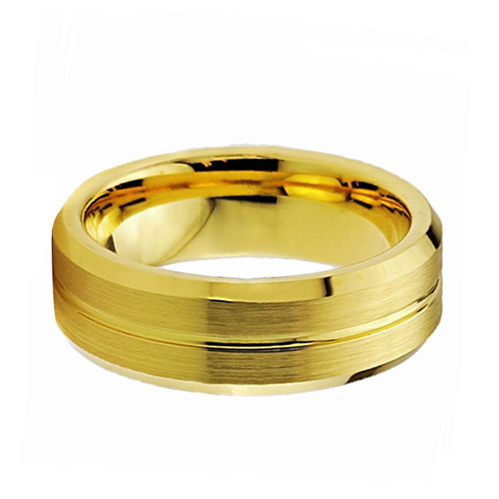 8mm Couples Brushed Tungsten Wedding Ring With Groove Gold Beveled Edge