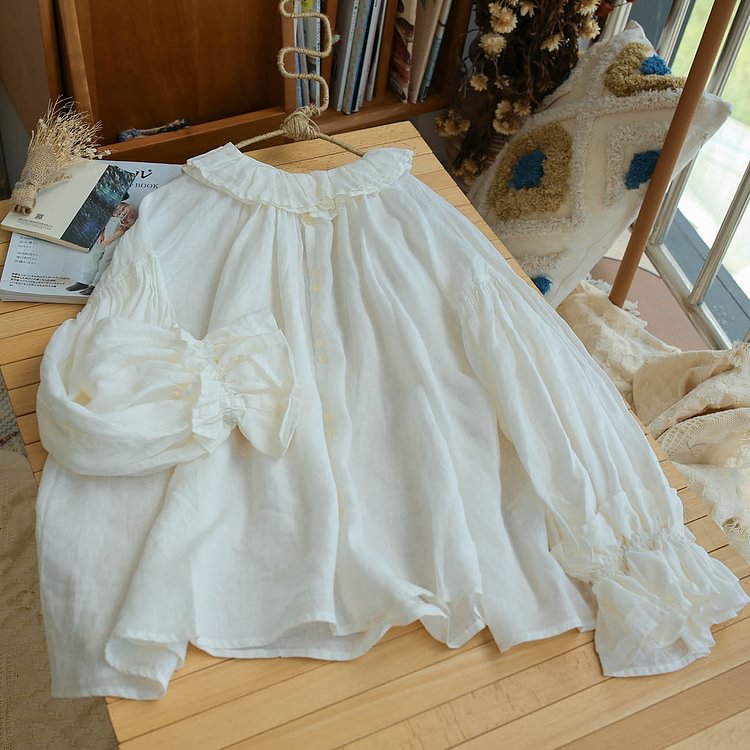 Queenfunky cottagecore style Royalcore 100% Linen Ruffled Blouse QueenFunky