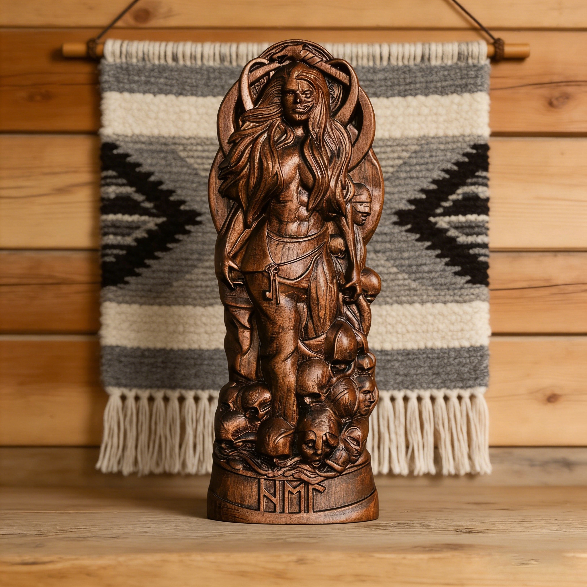 Scandinavian Mythology Hull Goddess of Death Carved Wooden Tabletop Arrangement