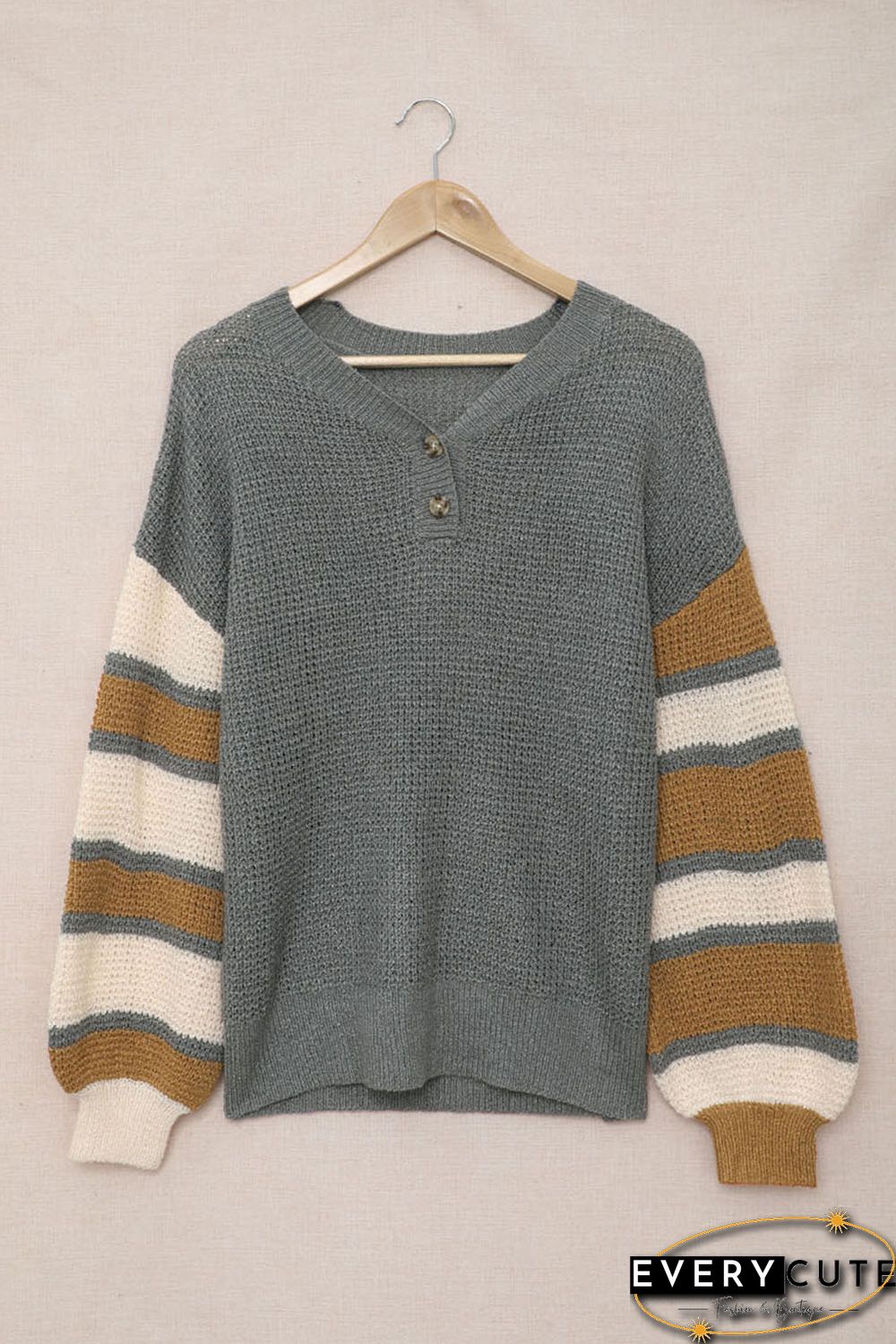 Gray Striped Raglan Sleeve Drop Shoulder Sweater
