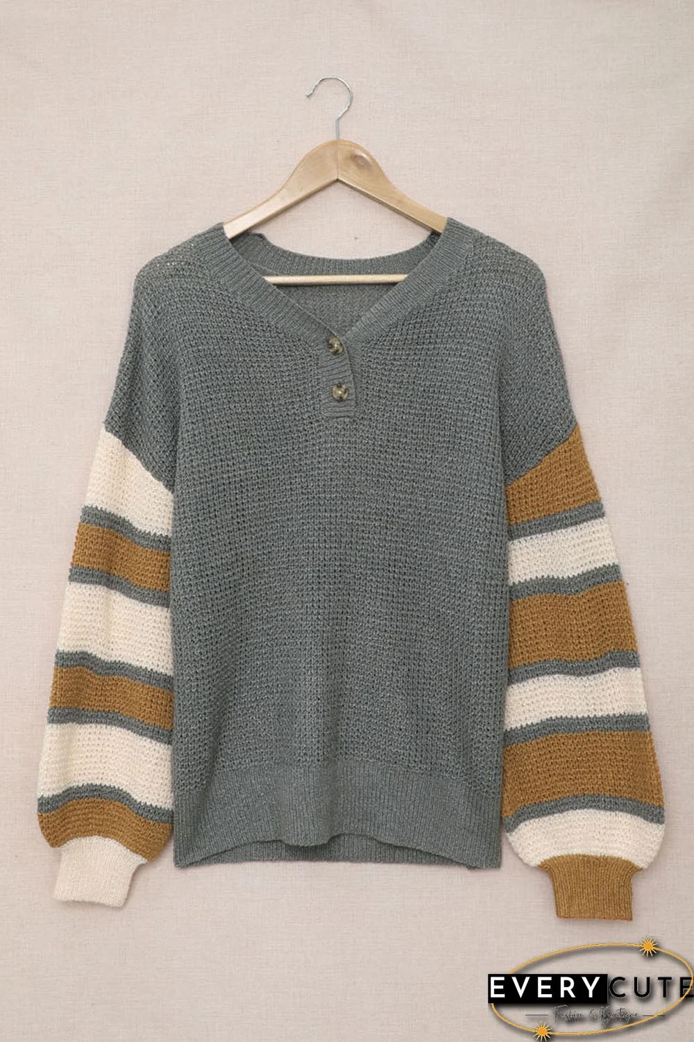 Gray Striped Raglan Sleeve Drop Shoulder Sweater