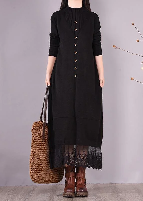 Handmade Black Clothes O Neck Patchwork Lace Kaftan Spring Dresses