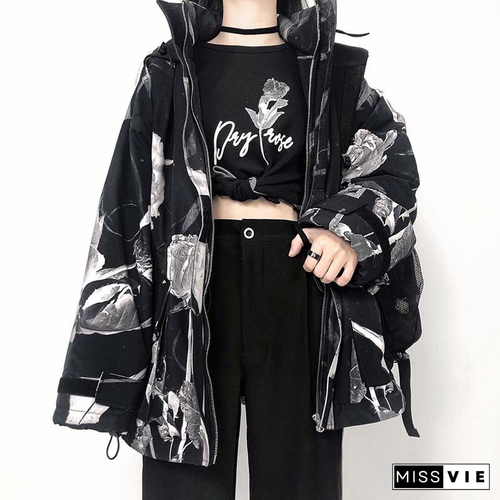 Dry Rose Pattern Print Shirt Hooded Coat