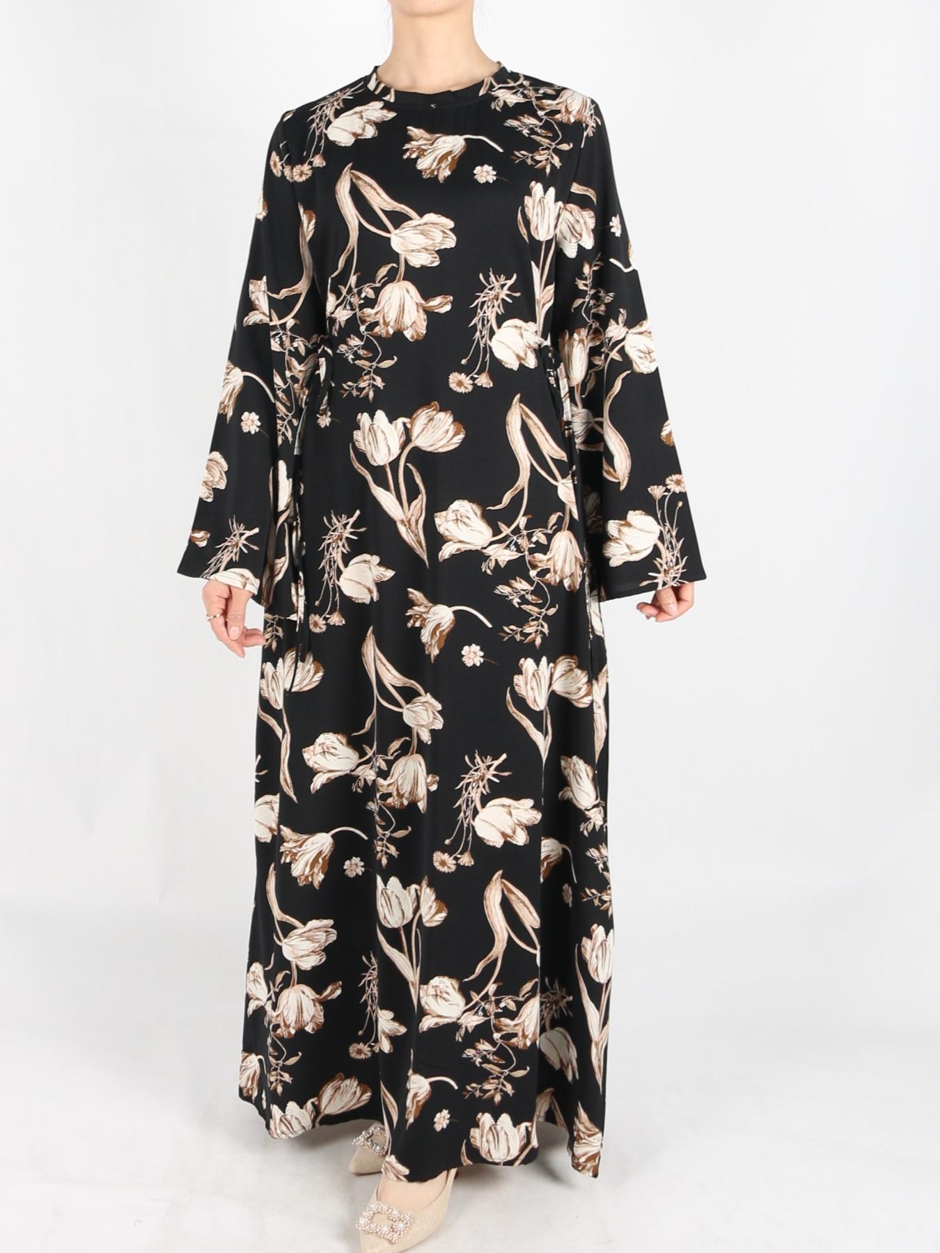 Women's Tie Side Zipper Back Dress, Elegant Long Sleeve Belted Abaya Dress for Daily Wear, Ladies Islamic Clothing for All Seasons, Round Neck Abayas