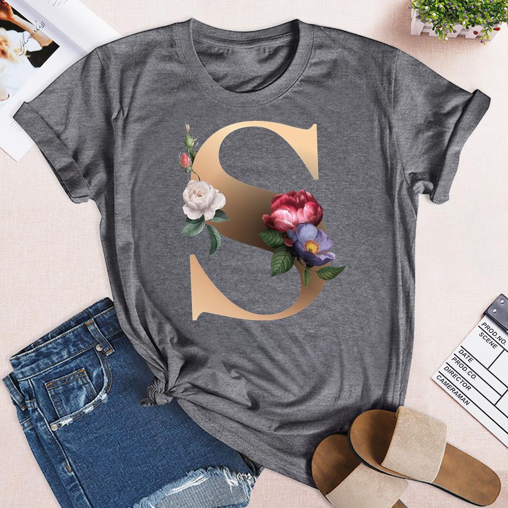 Floral Alphabet Font Letter S Round Neck T-shirt